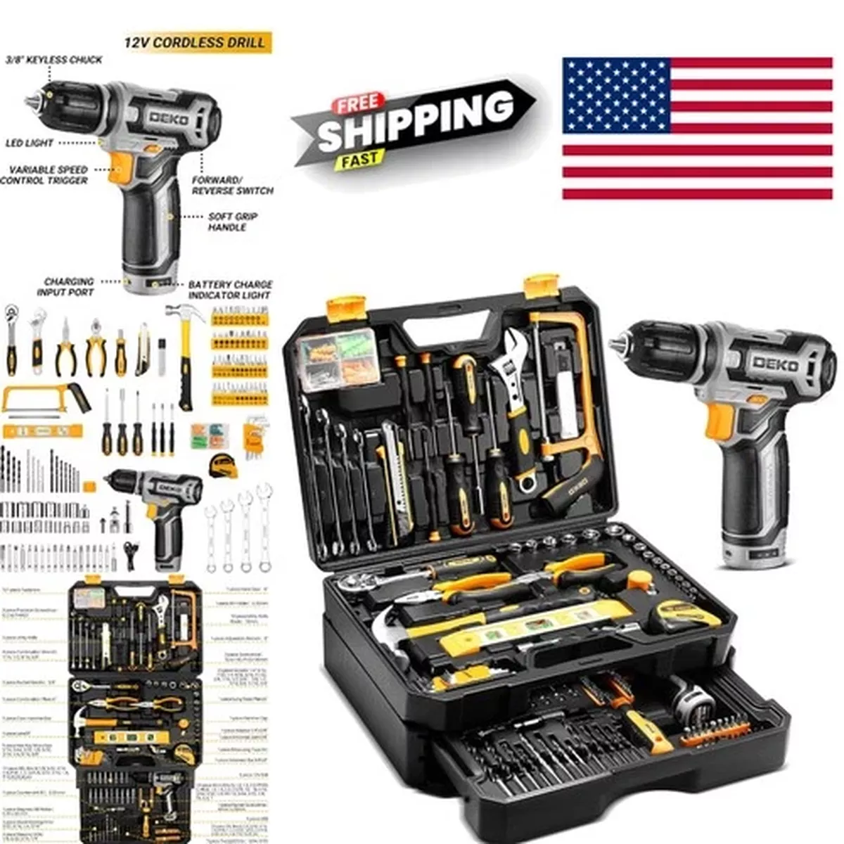 Complete Toolbox Set with Cordless Drill and 12V Lithium Ion Battery for Repairs