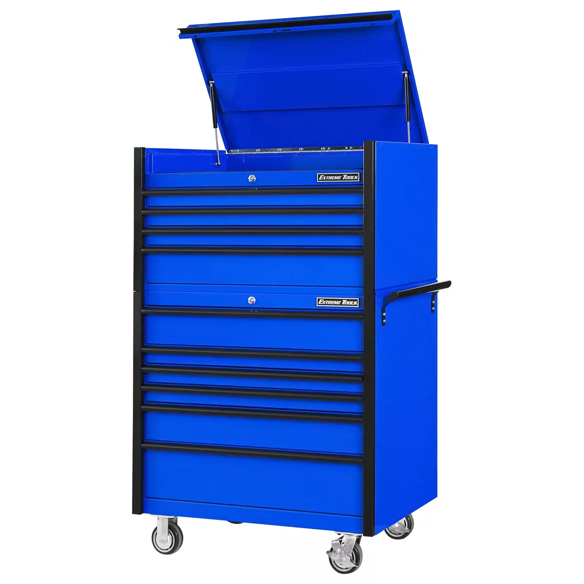 Extreme Tools DX Series 41” W x 25” D Tool Chest Combo – 4 Drawer Top Chest & 6 Drawer Roller Cabinet, 100–200 lb Slides, Black with Red Pulls (EXTDX4110CRKR)