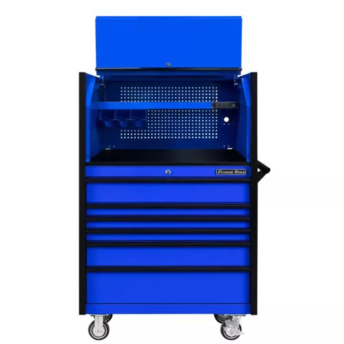 Extreme Tools DX Series 41″ W x 25” DPower Workstation Hutch & Roller Cabinet Combo – 6 Drawer Heavy Duty (Blue with Black Drawer Pulls)