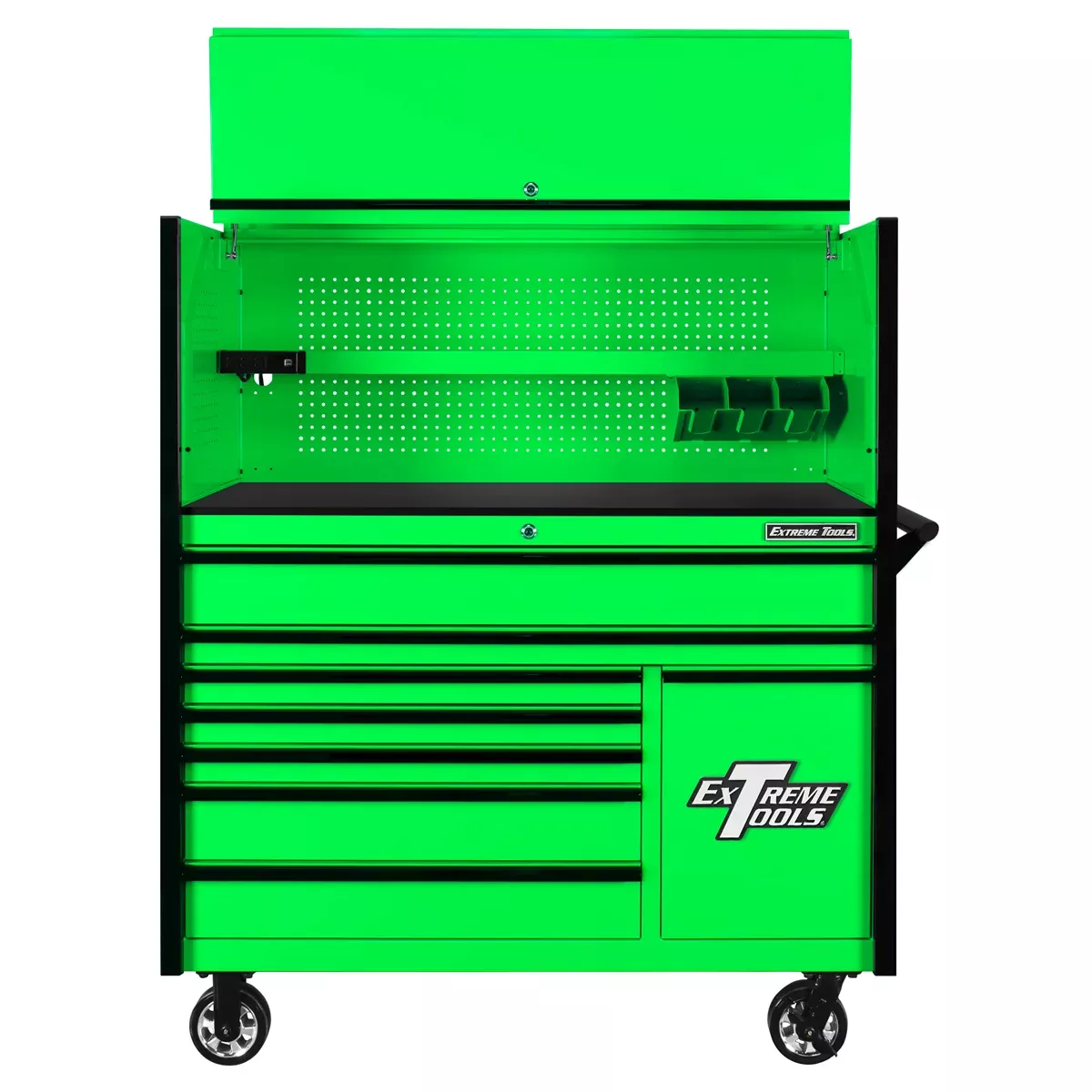 Extreme Tools DX Series 55” W x 25” D Power Workstation Hutch & 8-Drawer Roller Cabinet Combo with Power Tool Drawer – Green with Black Handles (EXTDX5509HRGK)