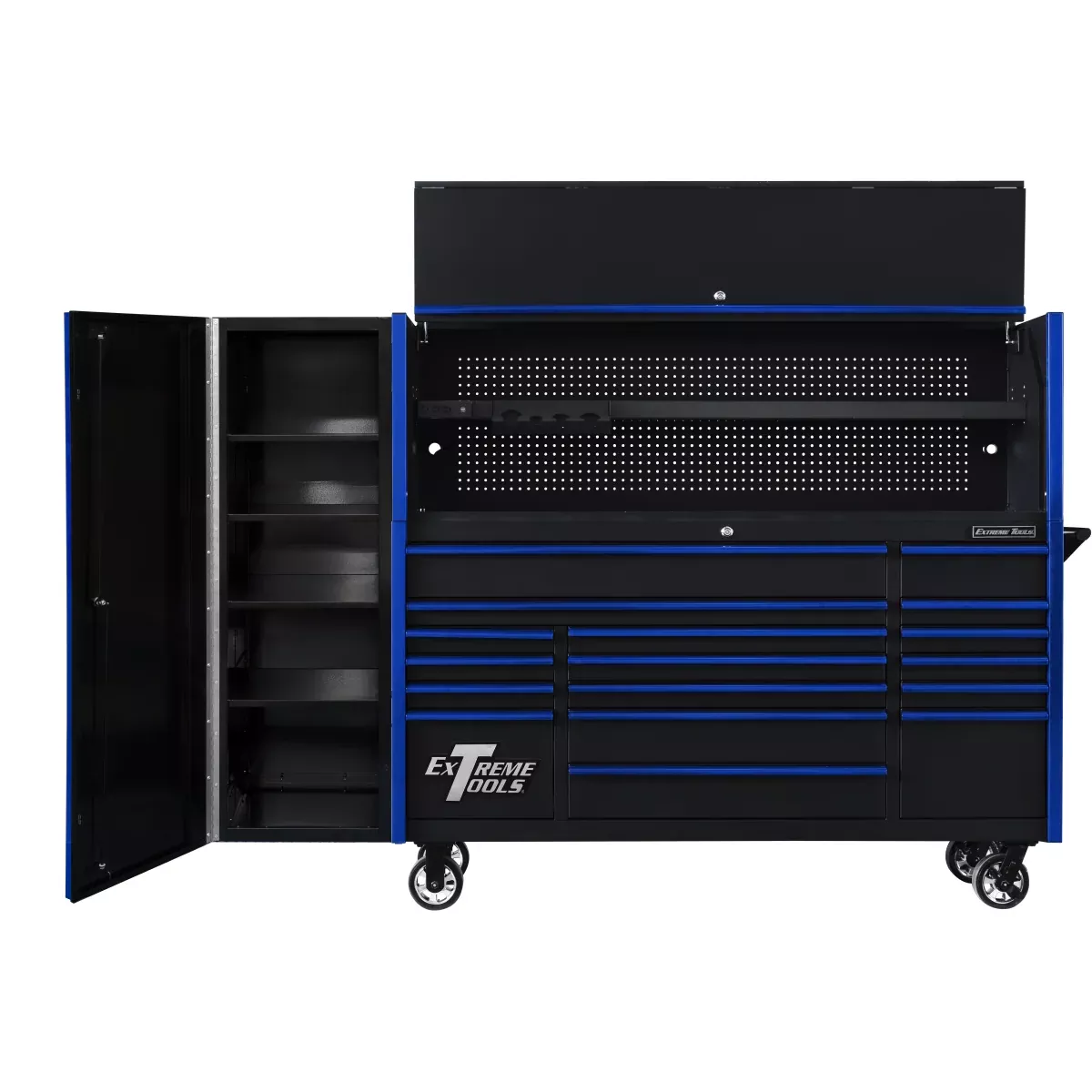 Extreme Tools DX Series 72” Professional Workstation Combo – 17 Drawer Roller Cabinet, Hutch & Side Locker (Black/Red) EXTDX72HRSKR
