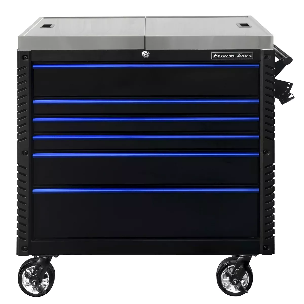 Extreme Tools EX Professional Series 41" 6 Drawer Sliding Top Tool Cart – Stainless Steel Work Surface (Blue with Black Drawer Pulls)