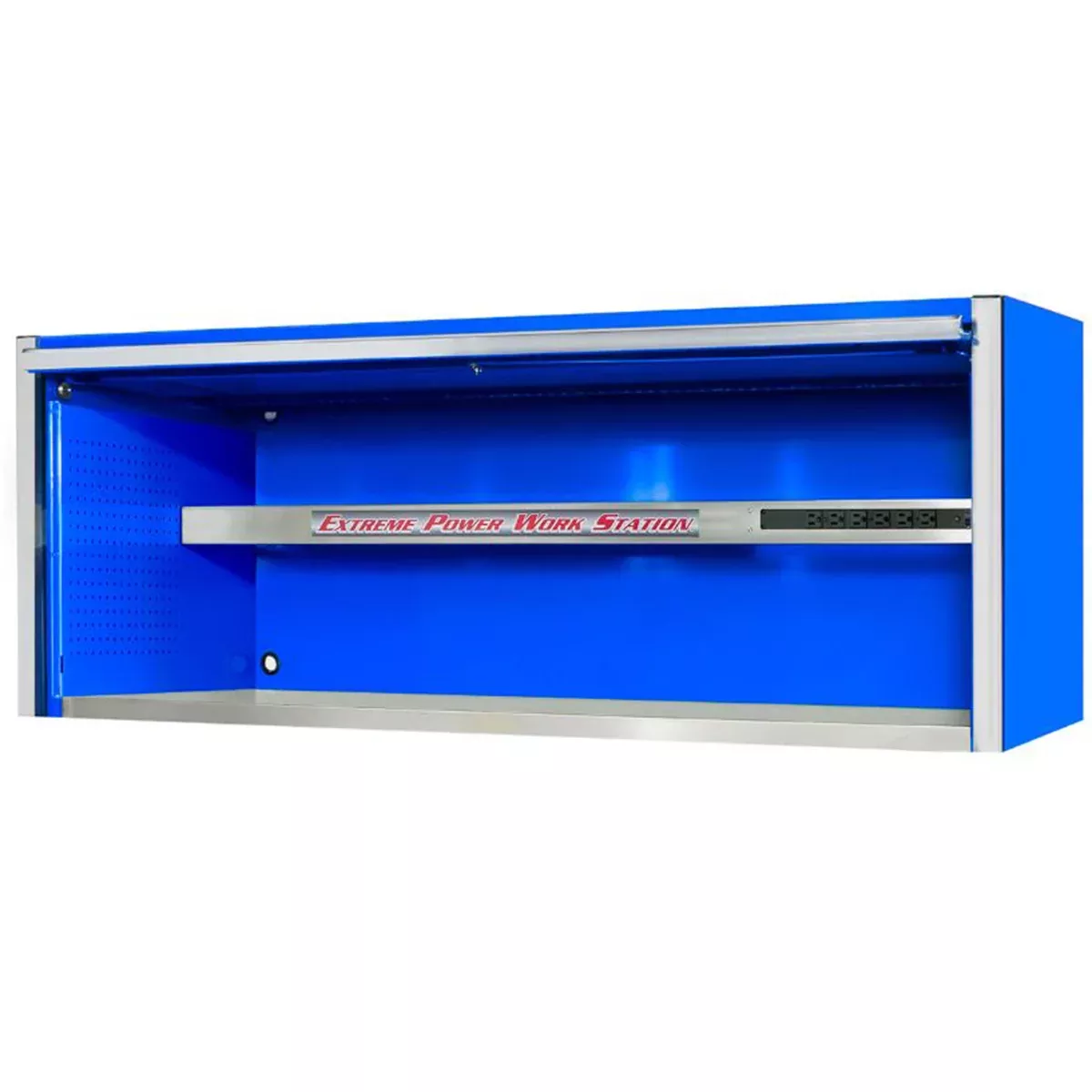 Extreme Tools EX Professional Series 72” Power Workstation Hutch – Blue with Chrome Handle, Stainless Steel Workstation (EXTEX7201HCQBLCR