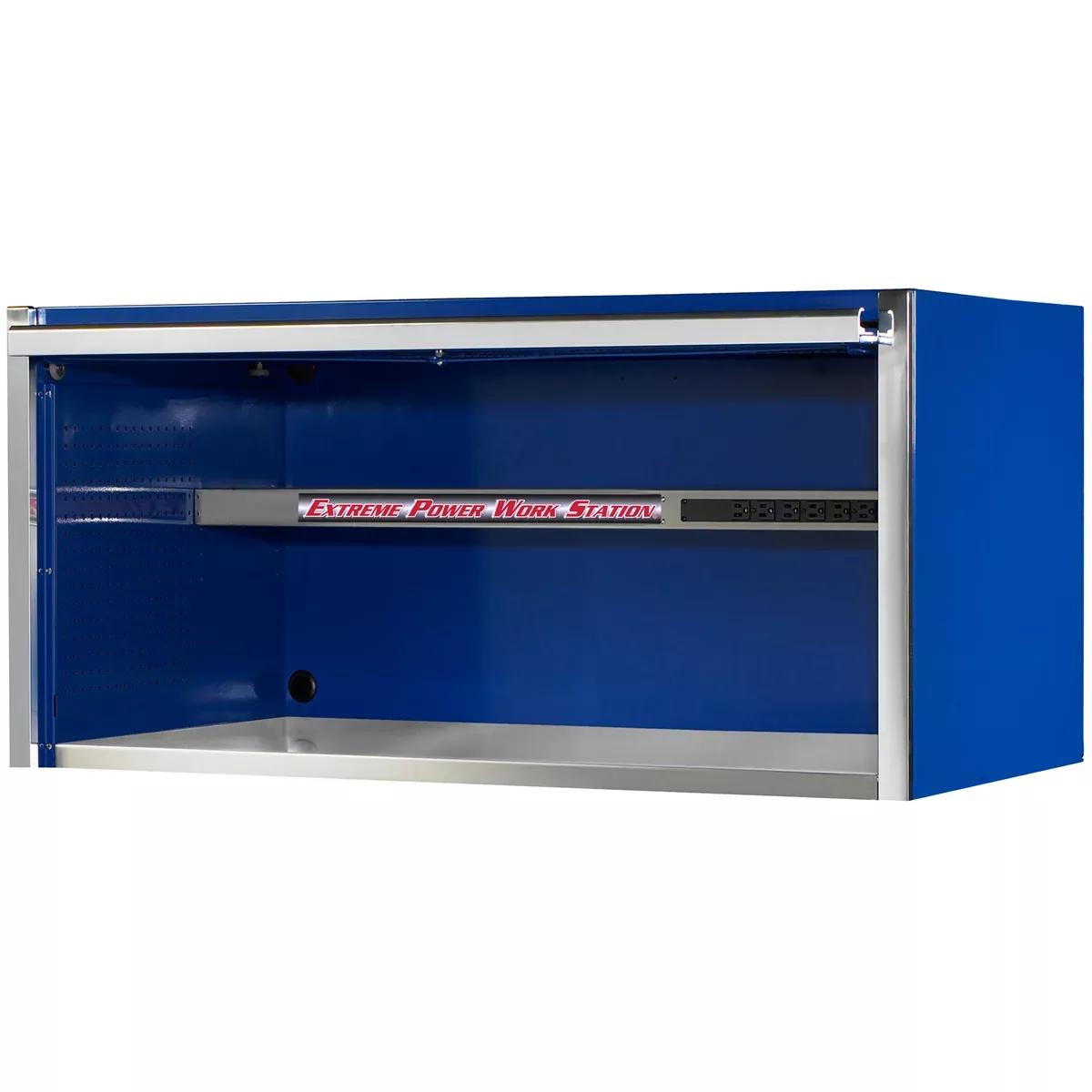 Extreme Tools EXQ Series 55” W x 30” D Power Workstation Hutch – Stainless Steel Top, Built-in Power Strip, Black with Red Handle (EXTEX5501HCQBKRD)