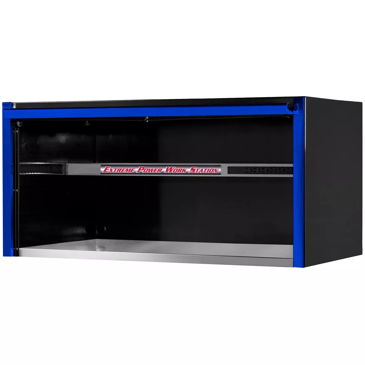 Extreme Tools EXQ Series 55” W x 30” D Power Workstation Hutch – Stainless Steel Work Surface, Built-in Power Strip, Black with Blue Handle (EXTEX5501HCQBKBL)