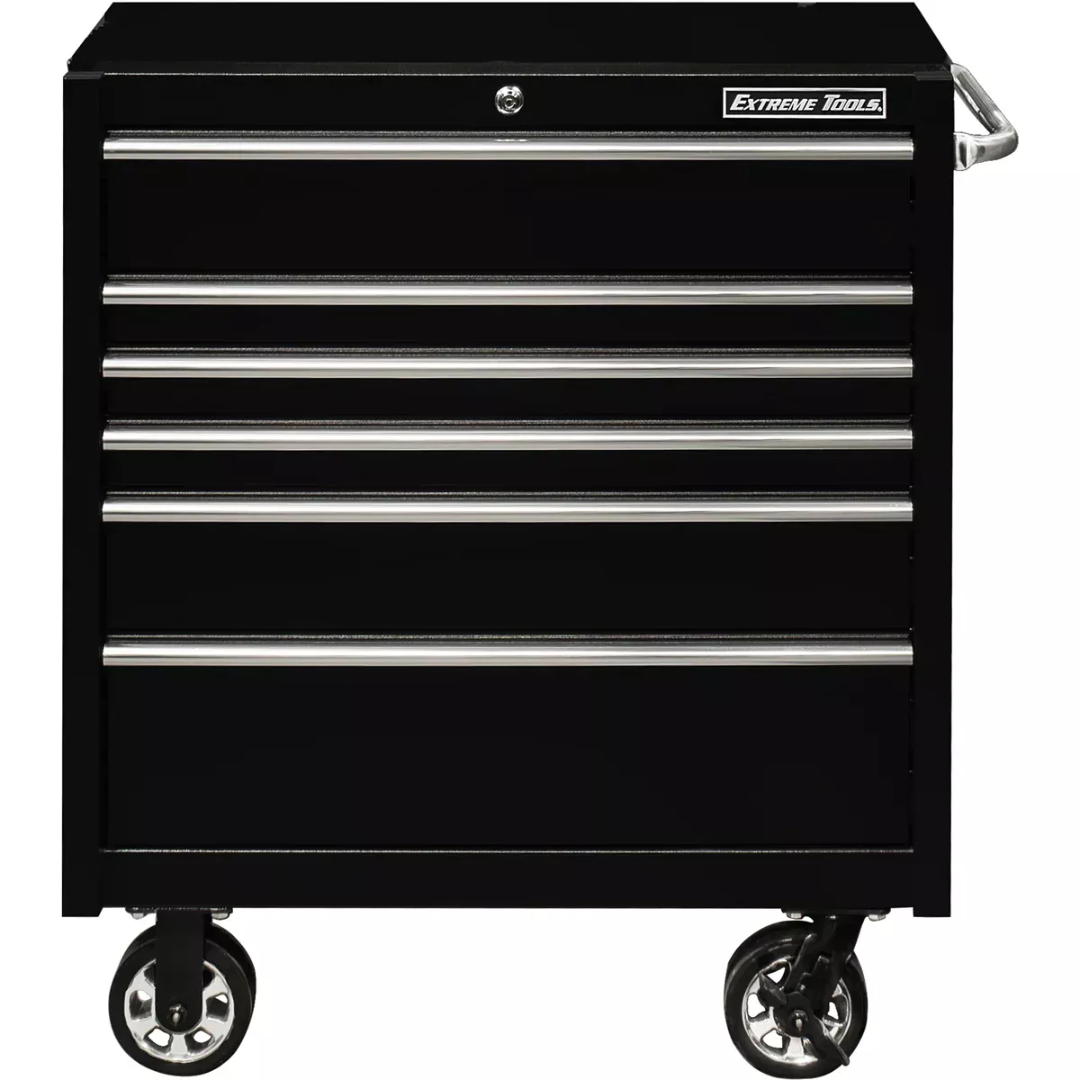 Extreme Tools PWS Series 36'' W x 25'' D x 42.5'' H 6-Drawer Roller Cabinet 100 lbs Slides, Textured Black w Chrome Drawer Pulls EXTPWS362506RCTXBK