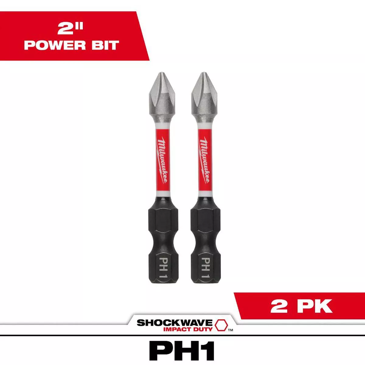 Milwaukee SHOCKWAVE Impact Duty Phillips #1 2″ Power Bit 2-Pack 48-32-4961