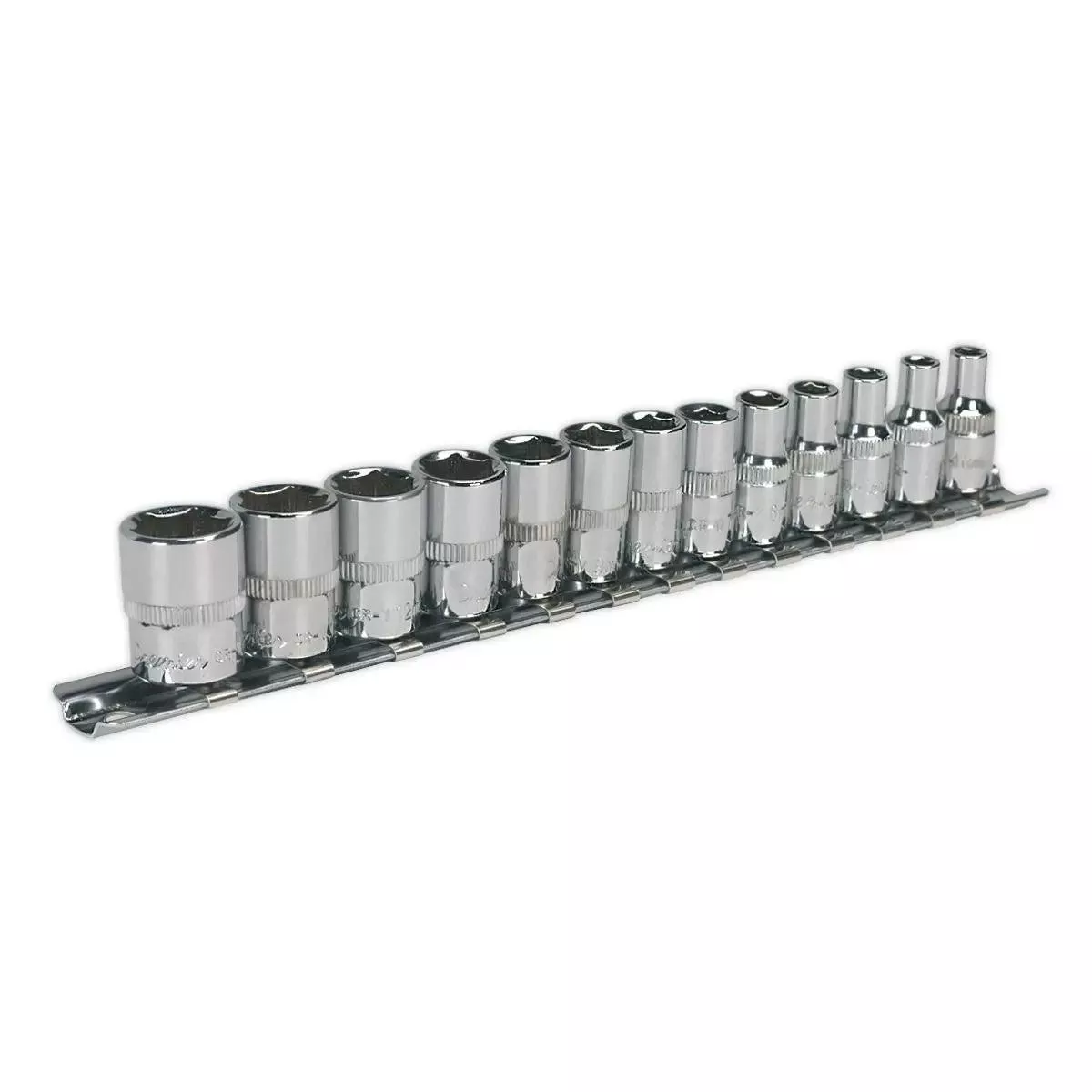 Sealey 13 Piece 1/4″ Drive WallDrive Socket Set 4-14mm Chrome Finish Socket Rail