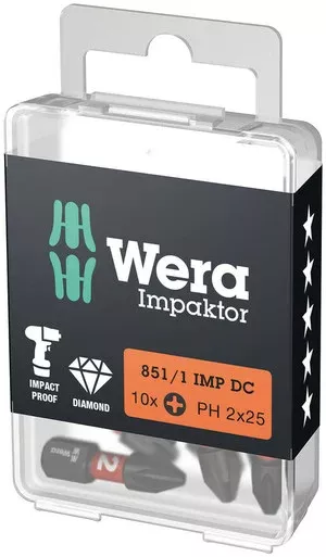Wera 057615, 851/1 IMP DC PH DIY Impaktor PH bits, PH 1 x 25 mm, 10 pieces