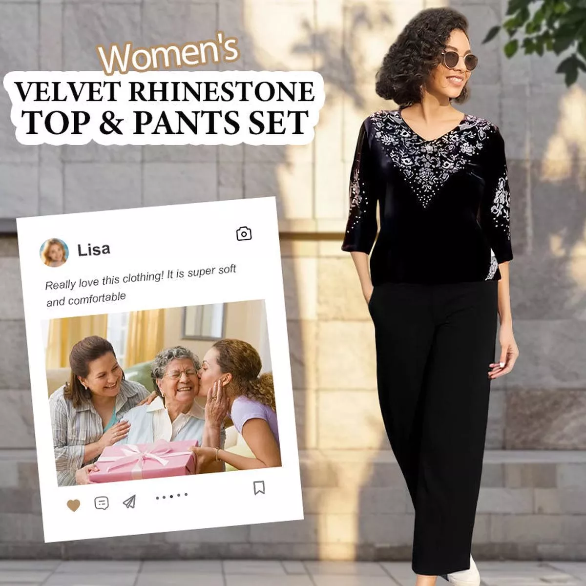 Women’s Velvet Rhinestone Top & Pants Set